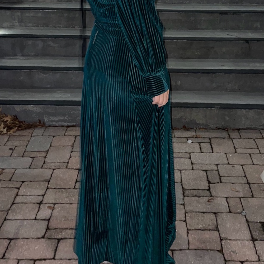 Long Teal Velvet Pleated Maxi Dress — Women